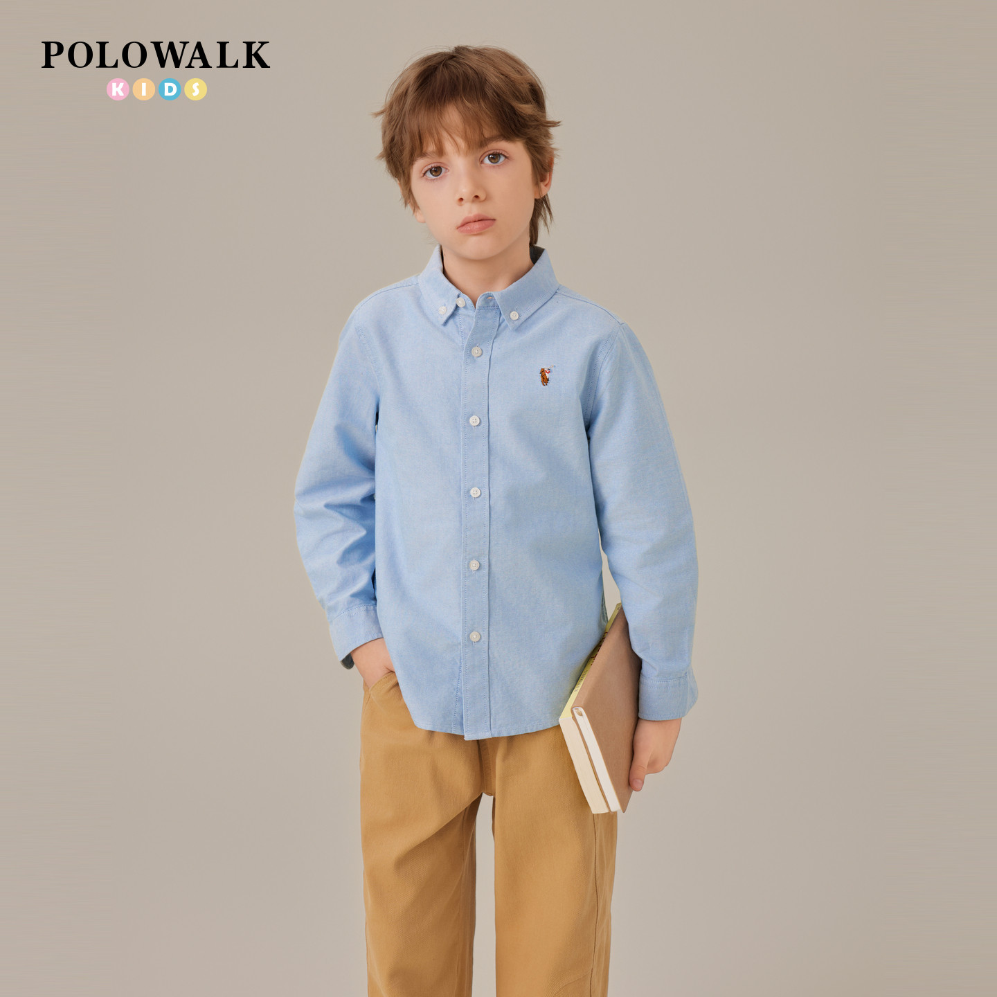 POLOWALK童装女童男童衬衫2025秋新款牛津纺儿童长袖打底