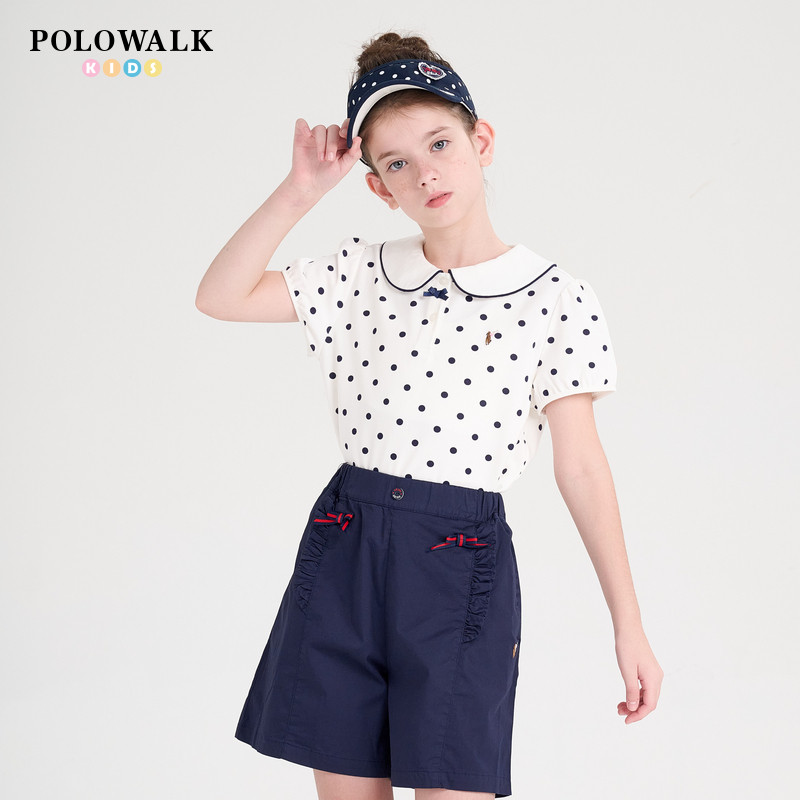 POLOWALK童装2026新品夏季女童短袖T恤白色翻领T恤波点印花上衣