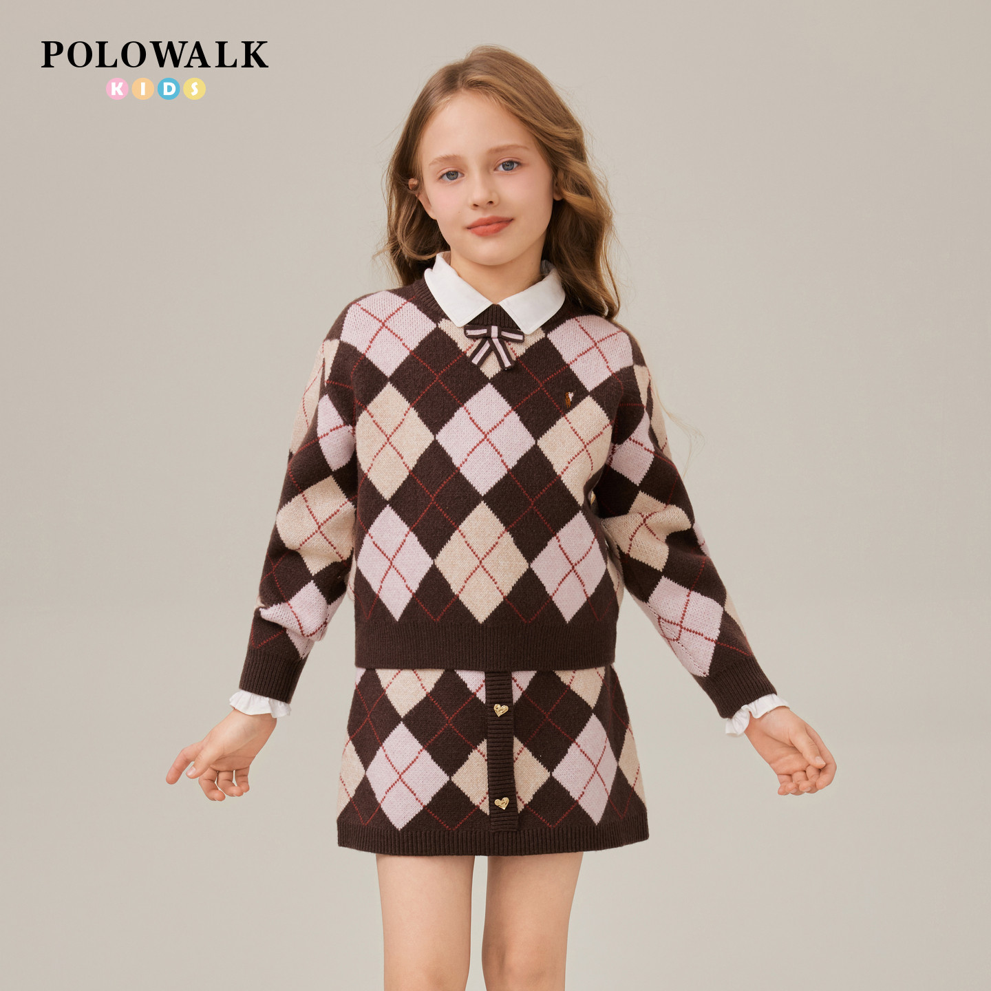 POLOWALK童装女童套装2025秋冬新品撞色提花毛衣菱格小香风两件套
