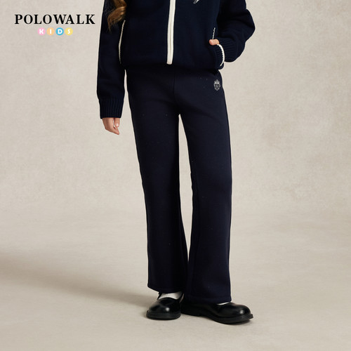 POLOWALK女童卫裤秋冬新品蝴蝶结刺绣中大童加绒百搭显瘦微喇裤子