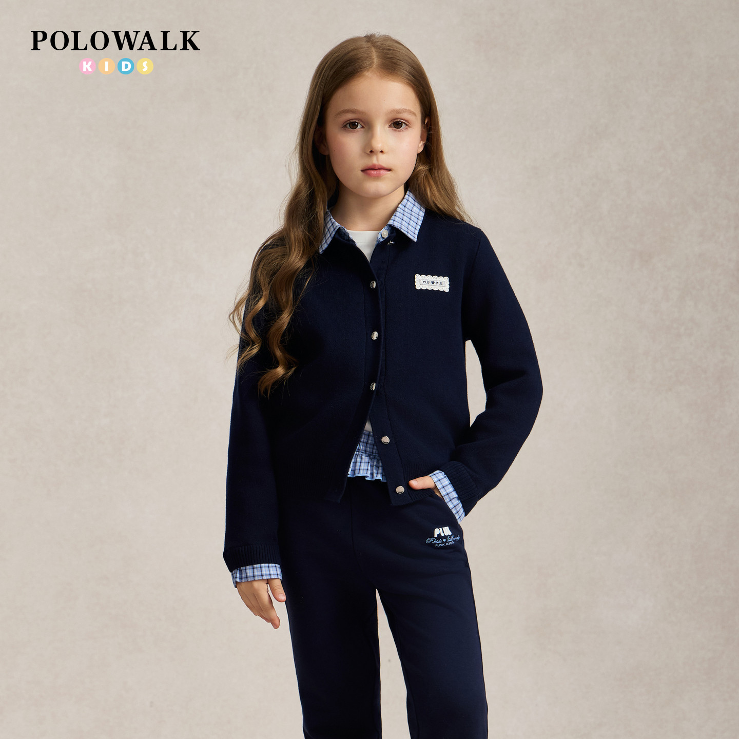 POLOWALK女童翻领针织开衫早秋新款中大童格纹衬衫拼接针织上衣