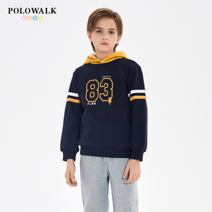 POLOWALK童装男童连帽加绒卫衣2025秋冬新款中大童保暖上衣内搭潮