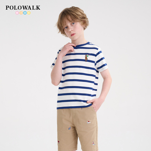 POLOWALK童装2025新品夏季男童短袖圆领套头T恤条纹POLO衫儿童t恤
