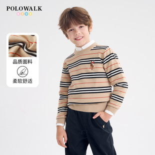 POLOWALK童装男童圆领毛衣2025秋冬中大童长袖针织衫百搭套头衫