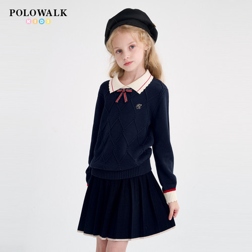 POLOWALK女童条纹翻领针织衫毛衣