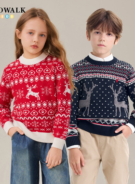 POLOWALK新品2025秋冬儿童圆领线衫新年红中大童针织衫套头毛衣