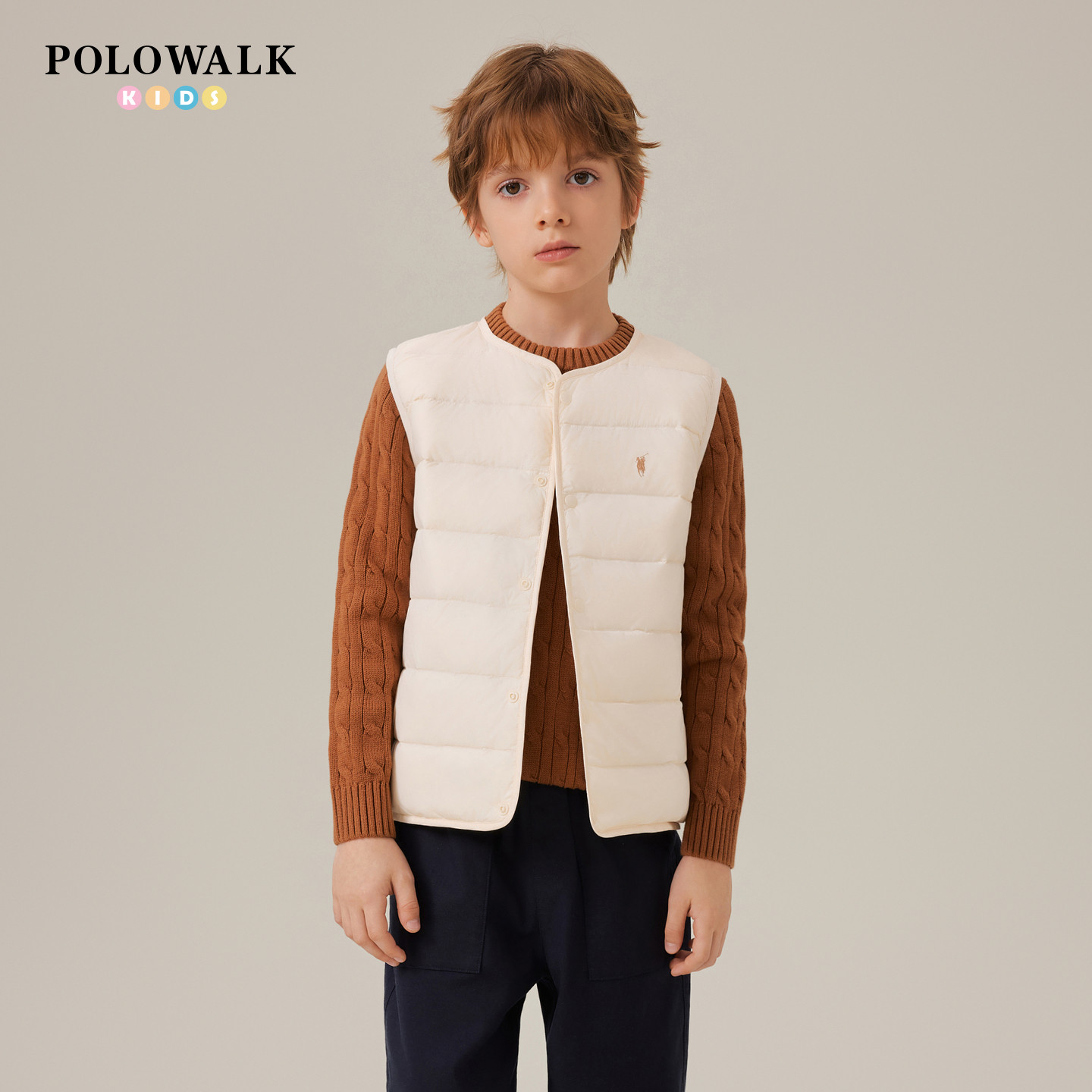 POLOWALK童装男女童排骨羽绒马甲2025秋冬轻薄中大童无袖加绒背心