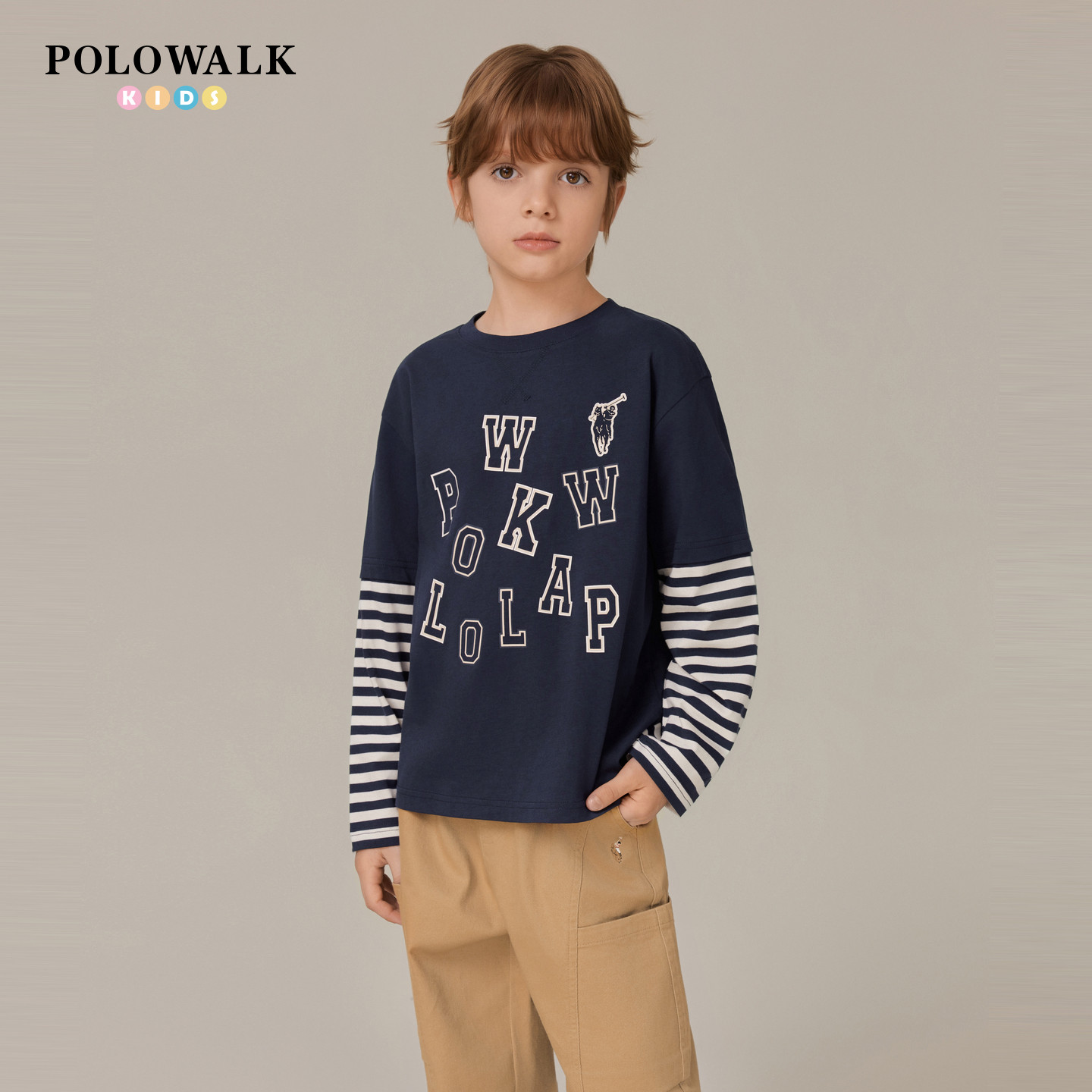 【100%棉】POLOWALK童装男童长袖T恤26春夏新品男童印花圆领上衣