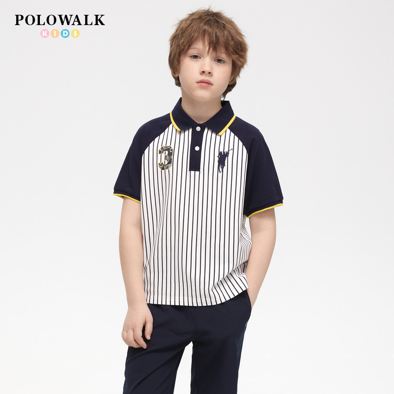 POLOWALK童装男童短袖T恤26夏新品撞色条纹POLO衫中大童翻领上衣
