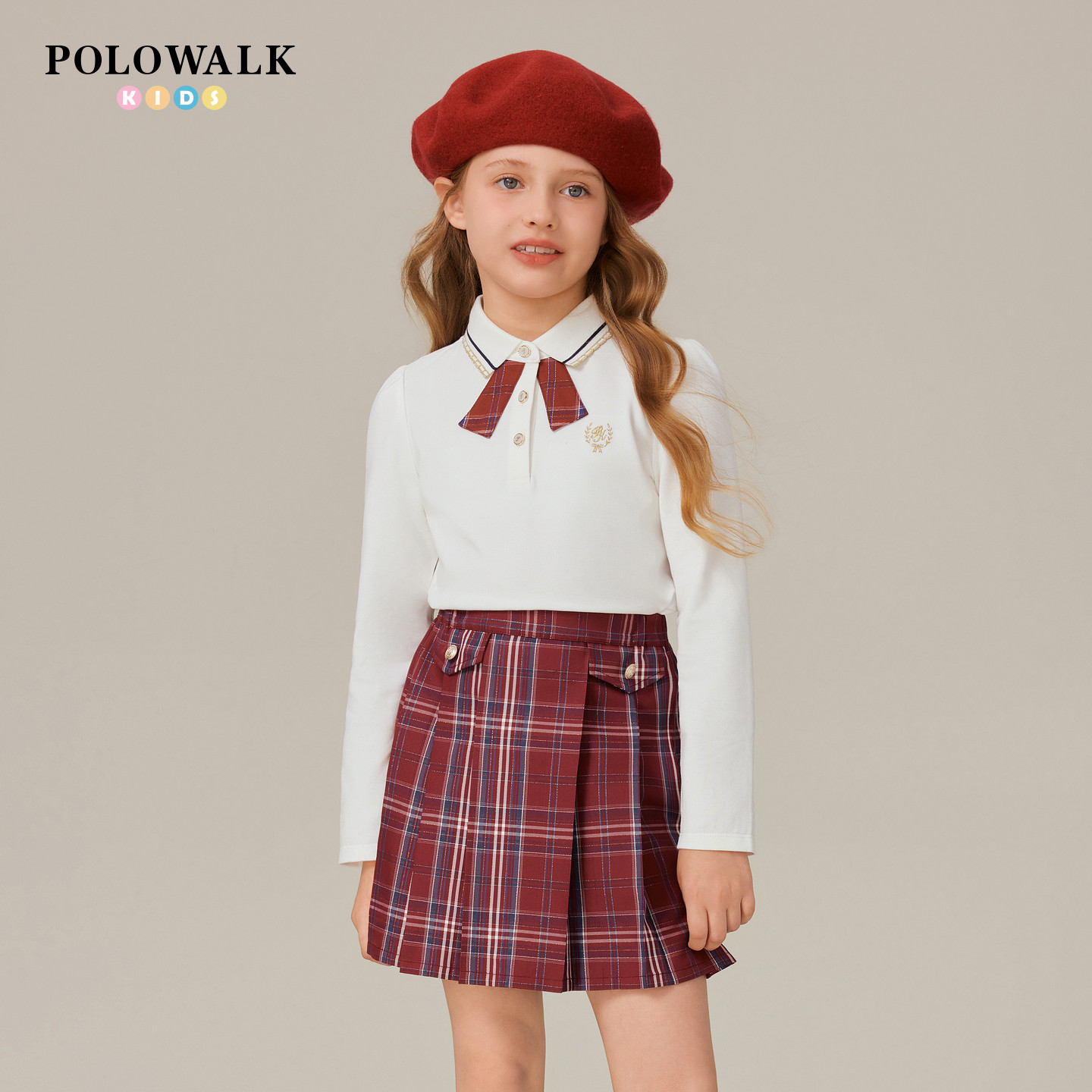 POLOWALK童装女童长袖T恤polo衫26春季新品撞色中大童百搭上衣