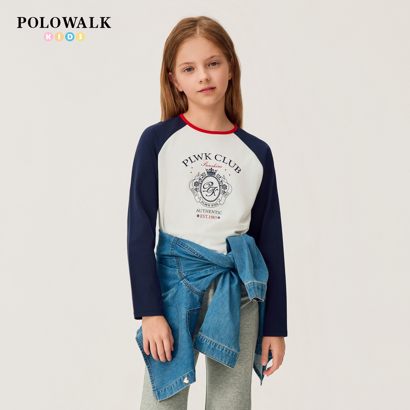 POLOWALK童装女装长袖T恤26春季新品撞色印花圆领上衣