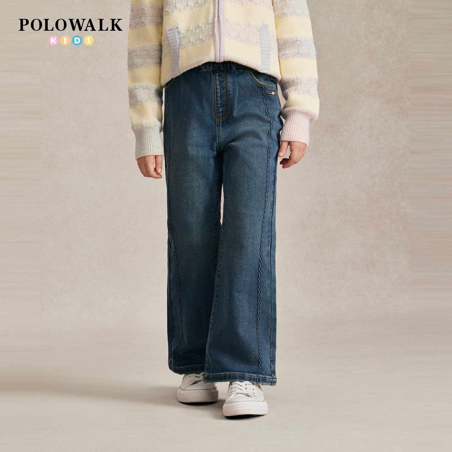 POLOWALK女童牛仔裤2026秋季新品波浪绣花时尚设计松紧腰喇叭裤