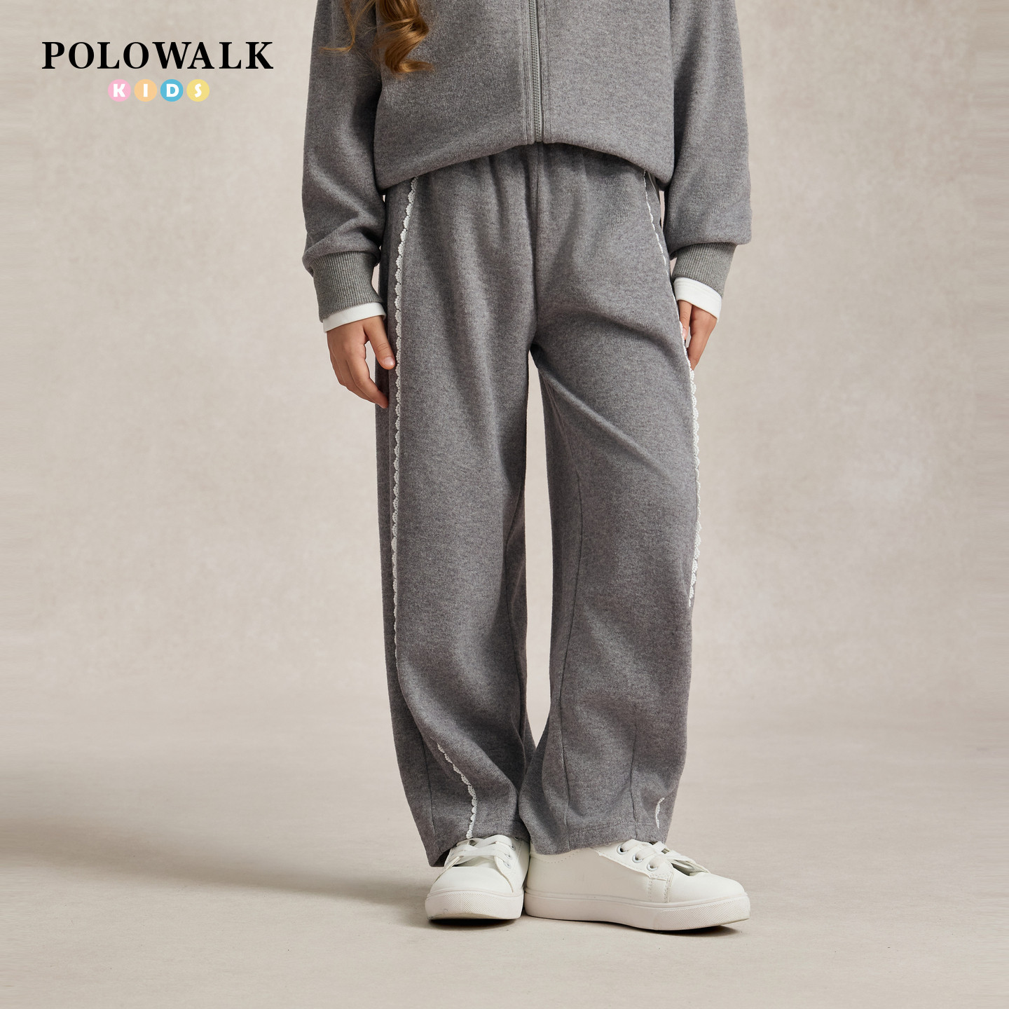 POLOWALK女童卫裤早秋新品中大童松紧腰直筒侧边织带百搭休闲卫裤