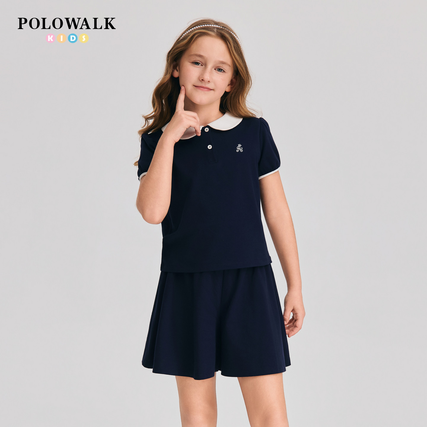 POLOWALK童装2026夏季新品女童短袖套装翻领套头针织短袖上衣裤子