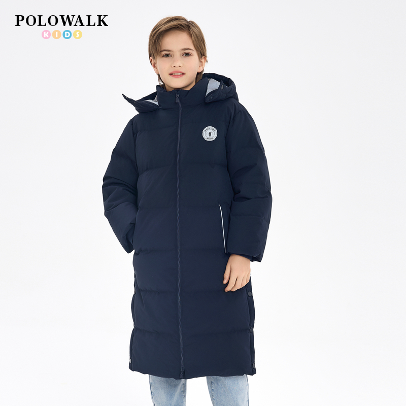 【90白鸭绒】POLOWALK童装男童羽绒服2025秋冬中长款加厚连帽棉服