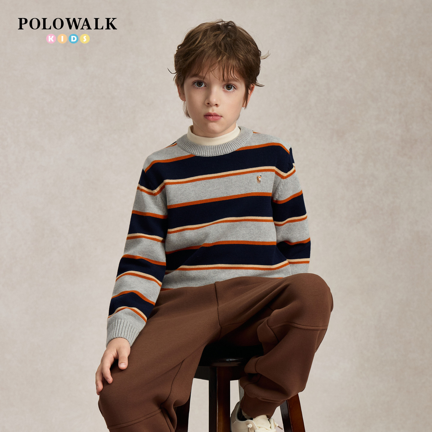 POLOWALK男童针织衫秋冬新品中大童圆领撞色提花条纹休闲套头毛衣