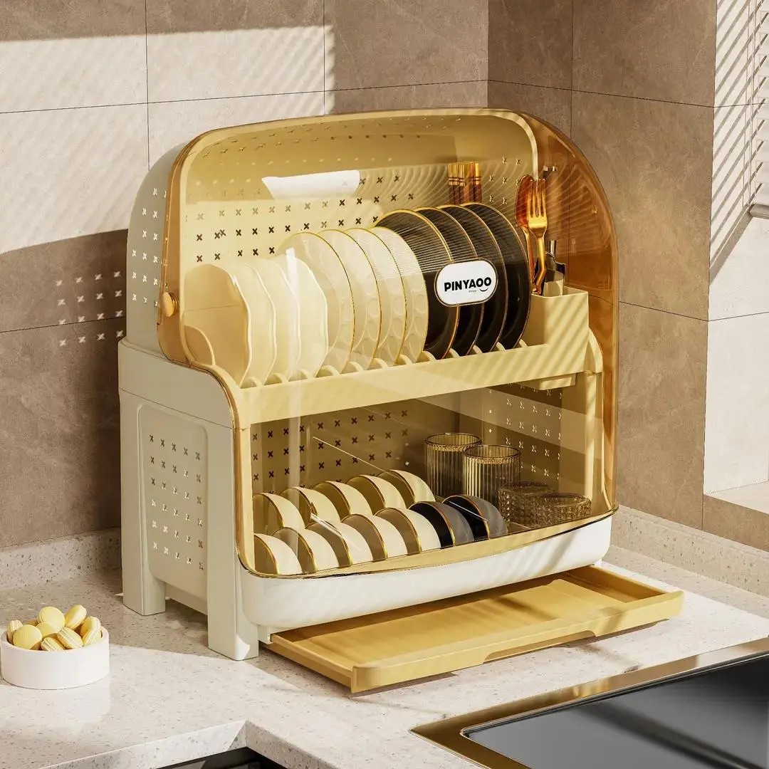 大容量沥水碗架家用厨房碗筷收纳盒带盖碗碟盘沥水置物架塑料碗柜