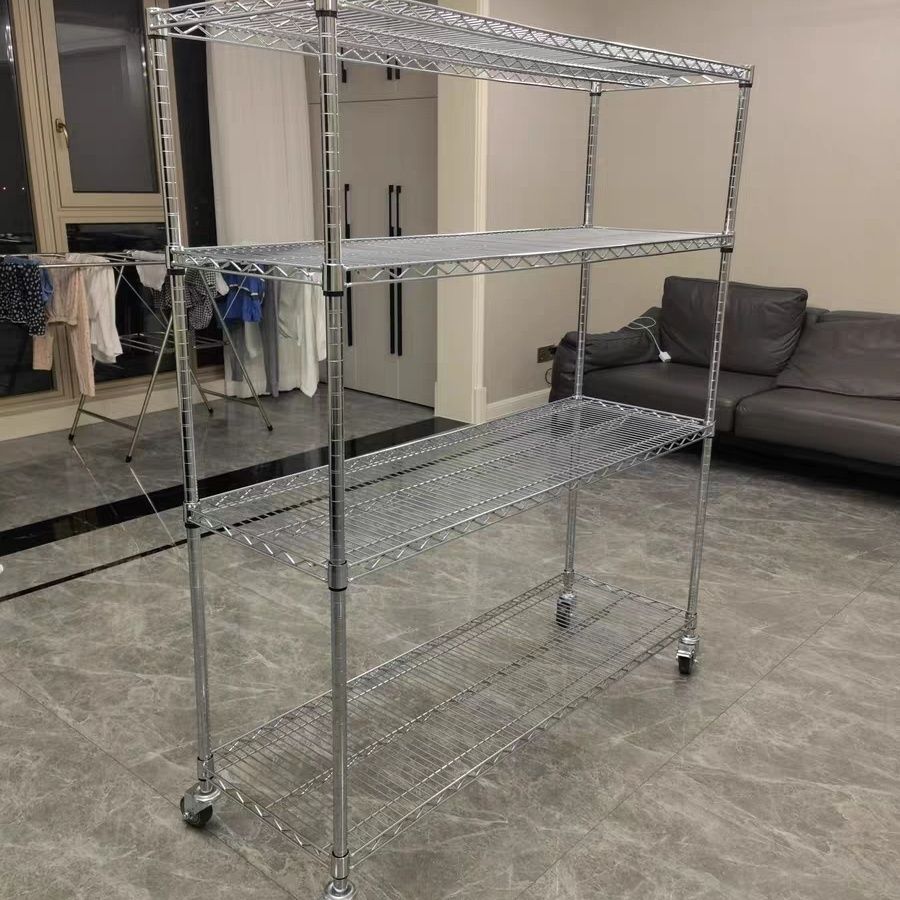 镂空防静电带轮子可移动不锈钢色货架镀铬线网格多层架仓库置物架