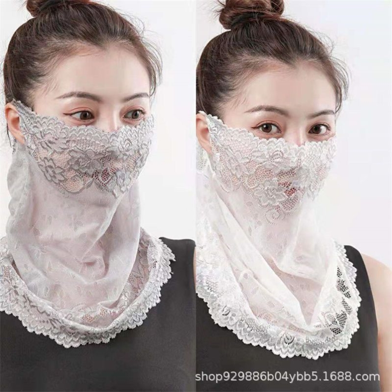 夏天轻薄口罩蕾丝新款女护颈遮阳户外装饰围脖轻薄透气防晒大面罩