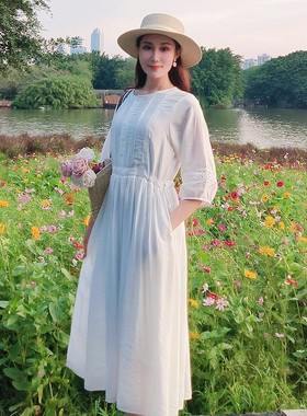 【原版】夏季新款沙滩连衣裙白色三亚大理海边旅游长裙大摆丝麻高