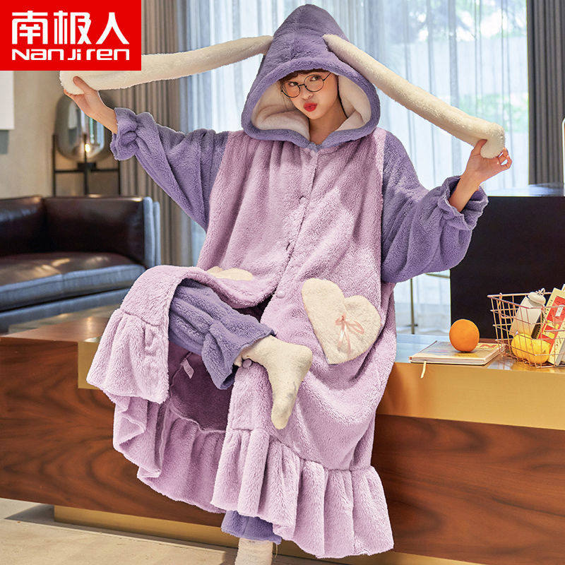 睡衣女秋冬季珊瑚绒睡袍长款套装可外穿法兰绒加厚加绒浴袍家居服
