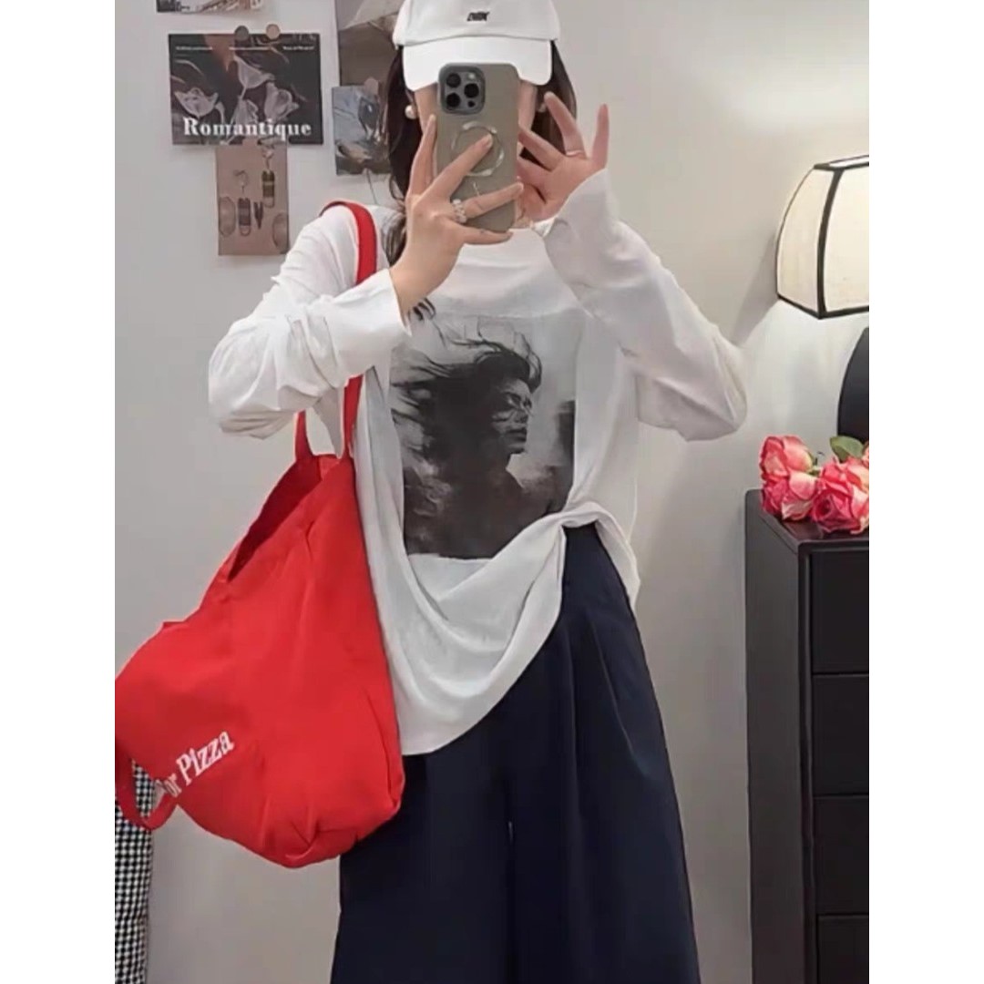 韩系一字肩印花人像长袖T恤2025夏季新款女洋气百搭显瘦防晒上衣