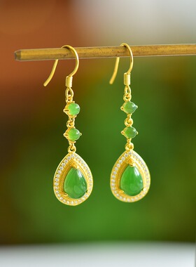 925银和田玉碧玉水滴耳坠21182百搭气质款复古轻奢民族风国风