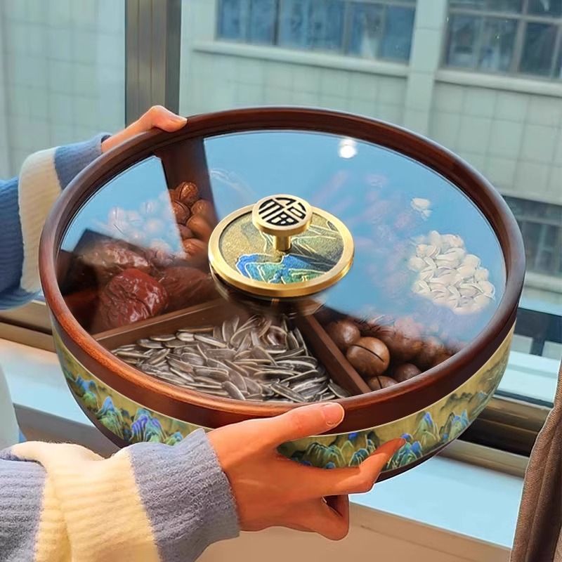 2025款高档轻奢实木干果盒分格带盖果盘茶几桌面零食收纳盒干果盘