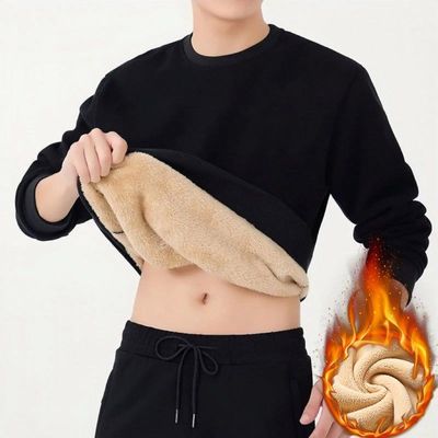 羊羔绒卫衣男冬季保暖爆款青年圆领套头加绒加厚时尚百搭印花上衣