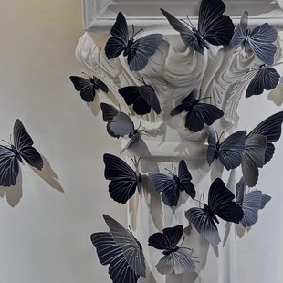 黑色立体仿真蝴蝶墙贴墙壁12只套装 饰品ins风3d墙贴 磁铁配胶装