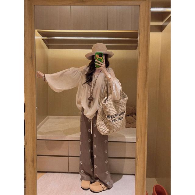 约会私服！法式重工木耳边露肩上衣衬衫+刺绣休闲裤两件套酱酱儿