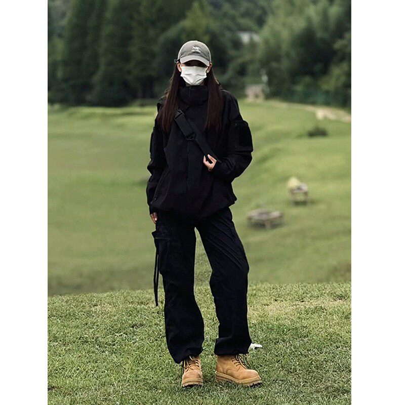 黑色登山工装裤男女秋冬美式冲锋衣搭配的裤子户外加绒爬山冲锋裤