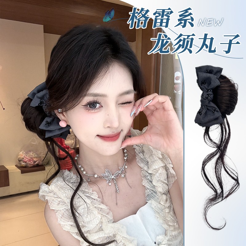 【格蕾系女孩】蝴蝶结抓夹龙须丸子头花苞懒人盘发神器蓬松感假发