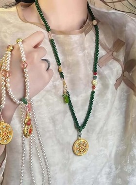 合金仿珍珠项链 新中式复古串珠吊坠项链女马面裙旗袍古风配饰品
