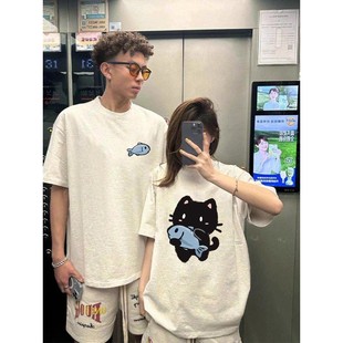 2025新款 短袖 纯棉女T恤夏季 潮流男 宽松上衣服韩版 两件装 情侣装