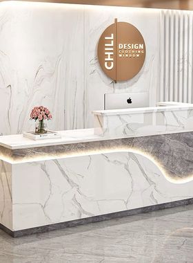 简约现代公司前台美容院接待台服装店收银台转角吧台发光灯带柜台