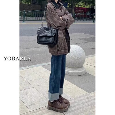 高腰卷边直筒牛仔裤女秋季大码弹力显瘦修身小个子梨形身材九分裤