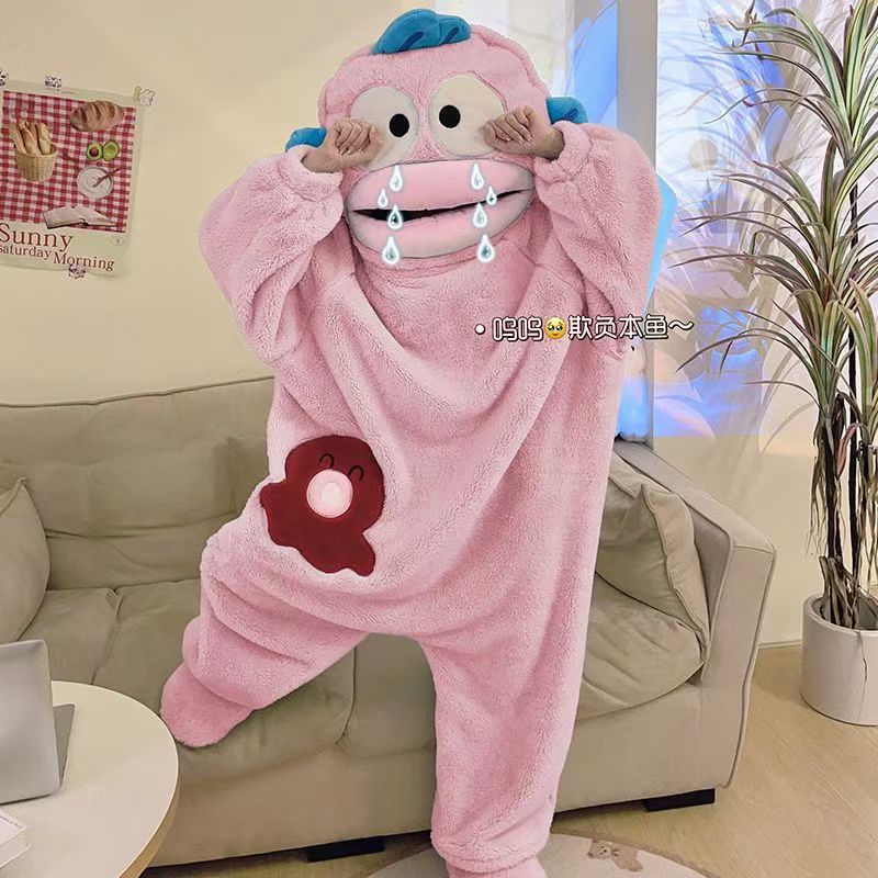 630丑鱼汉顿可爱搞怪连体情侣睡衣男女冬季加绒加厚珊瑚绒卡通家