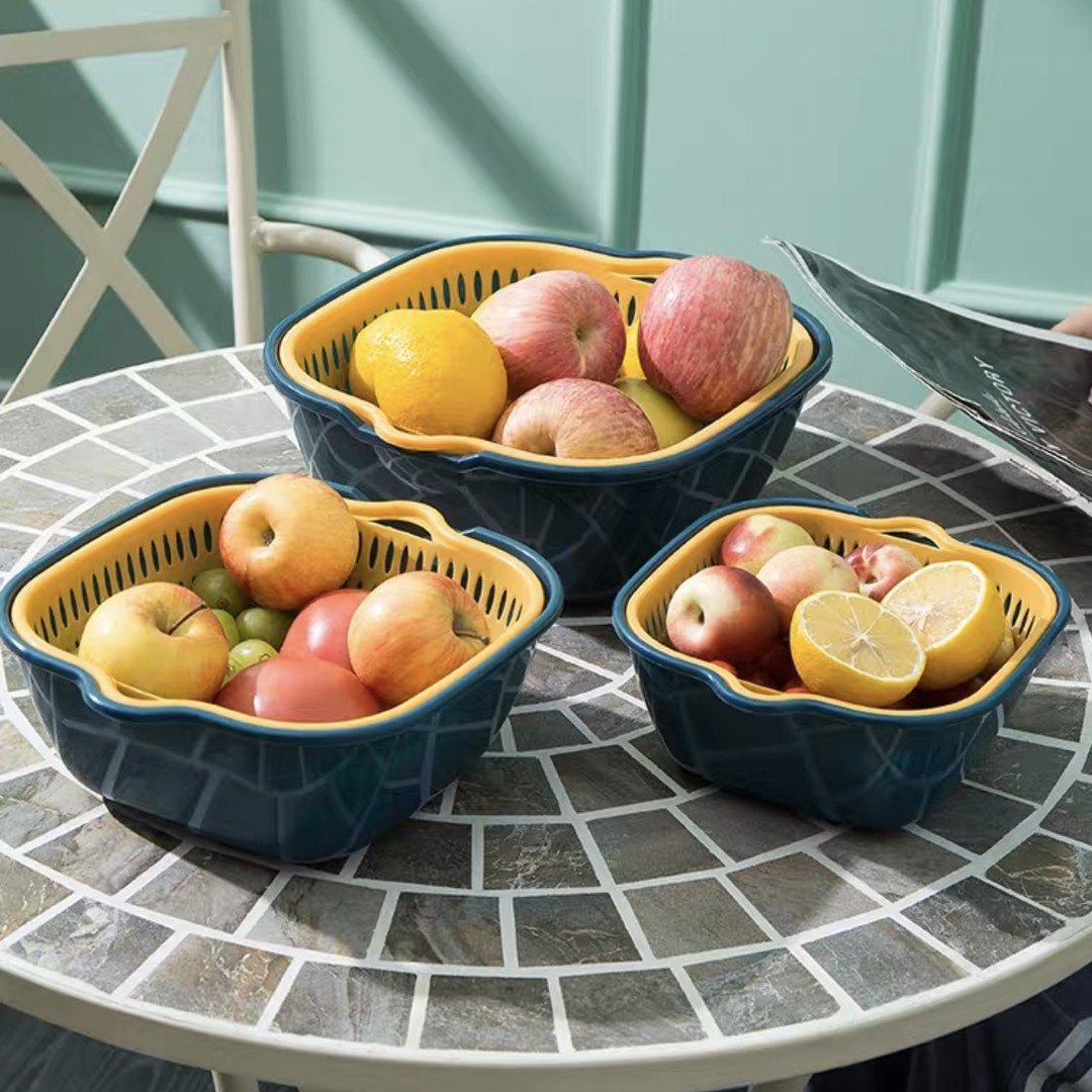 尚邦乐【八件套】优质水果盘厨房洗蔬菜双层篮子家用镂空设计沥水
