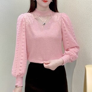 女款爆款2025洋气时尚百搭高领拼接加绒加厚蕾丝打底衫洋气衣服女