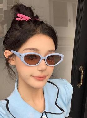 猫眼ins韩国蓝色墨镜女款高级感圆脸2024新款防晒网红太阳眼镜
