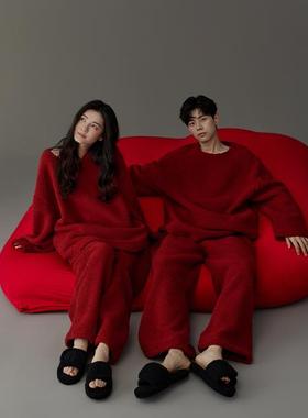 同语红色情侣睡衣秋冬季珊瑚绒加厚套装本命年结婚喜庆男女家居服