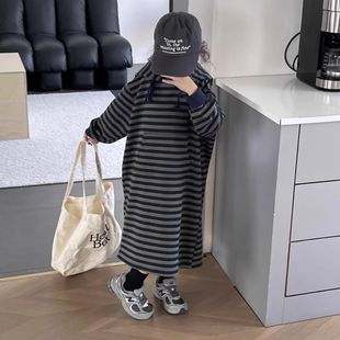 连衣裙子潮 儿童连帽中长款 女童休闲复古洋气条纹卫衣裙秋冬季 新款