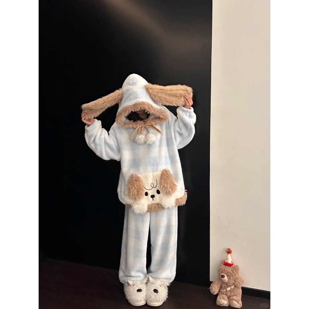 可爱卡通毛绒垂耳小狗珊瑚绒睡衣女秋冬新款保暖连帽家居服套装