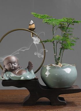 创意倒流香炉绿植小和尚花盆摆件禅意家居装饰品桌面摆设陶瓷盆栽