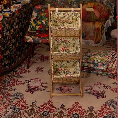 【双包裹发货】复古落地置物架实木藤编收纳储物架三层吊篮客厅