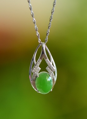 s925银镶和田玉碧玉蛋面吊坠10426百搭气质款复古轻奢民族风国风