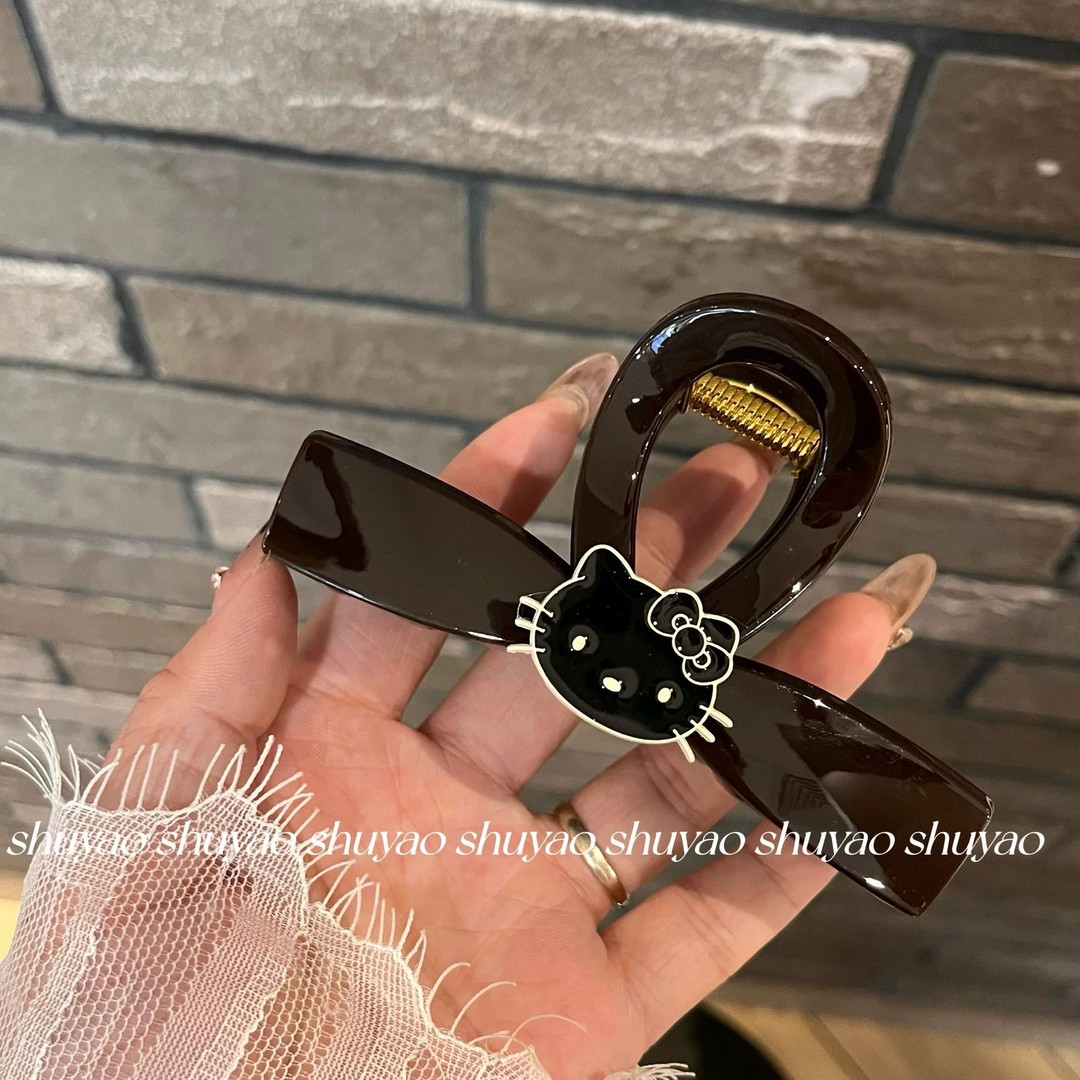新款KT猫蝴蝶结抓夹大号巧克力色鸡毛头半抓复古小众高级简约发夹
