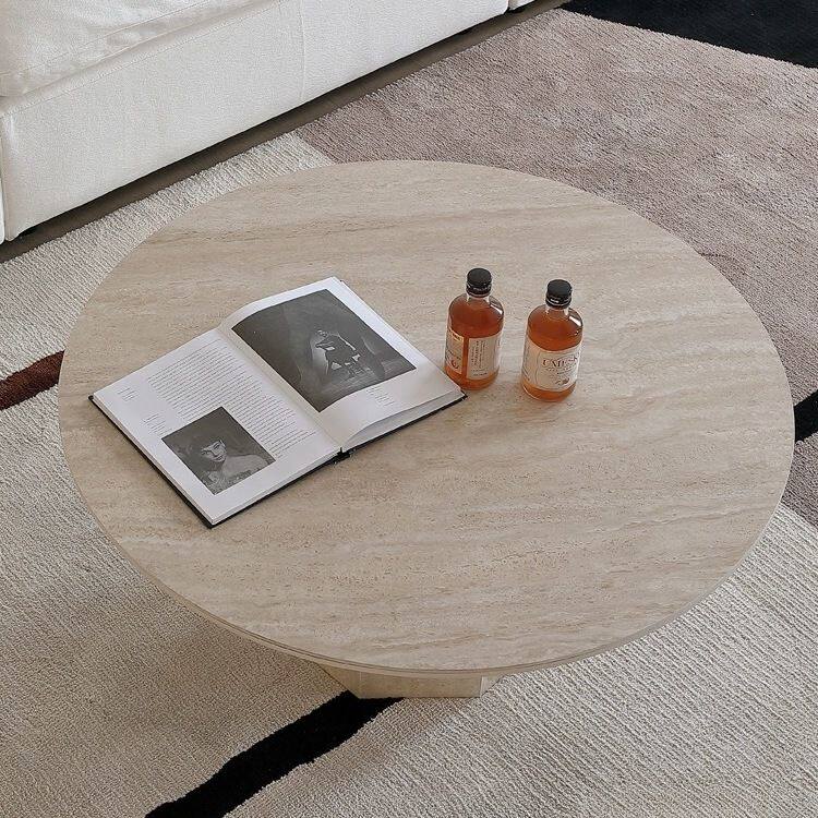 侘寂风茶几茶几大理石圆形设计师法式洞石岩板咖啡桌子小茶台