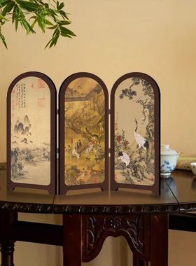 中古风客厅电视柜屏风摆件2025新款国画山水玄关柜桌面高级感摆画